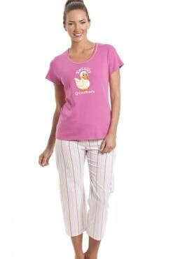Camille 100% Cotton Duck Motif Pink Cropped Pyjama Set