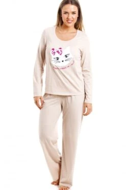 Camille Beige Full Length Cat Motif Pyjama Set