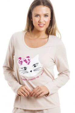 Camille Beige Full Length Cat Motif Pyjama Set -Camille Sales Store camille beige full length cat motif pyjama set p3053 19753 medium