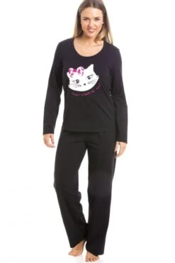 Camille Black Full Length Cat Motif Pyjama Set