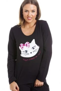 Camille Black Full Length Cat Motif Pyjama Set -Camille Sales Store camille black full length cat motif pyjama set p3054 19756 medium
