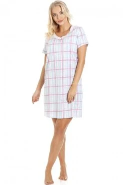 Camille Blue And Pink Checkered Cotton Nightdress