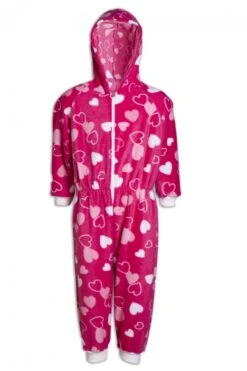 Camille Childrens Pink Heart Print Fleece Hooded All In One Onesie