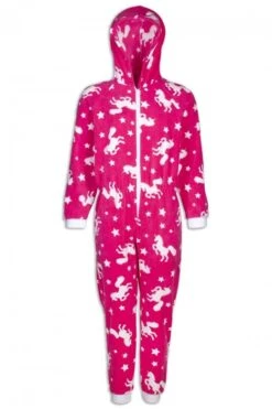 Camille Childrens Pink Unicorn Print Fleece All In One Pyjama Onesie