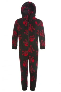 Camille Childrens Unisex Black And Red Skull Print All In One Pyjama Onesie
