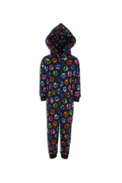 Camille Childrens Unisex Black With Multi Colour Paw Print Onesie