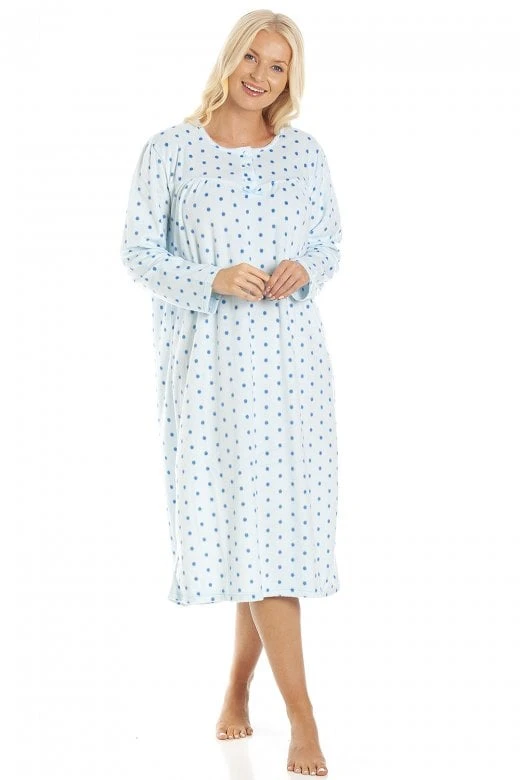 Camille Classic Long Sleeve Blue Polka Dot Soft Fleece Nightdress 3 Camille Classic Long Sleeve Blue Polka Dot Soft Fleece Nightdress