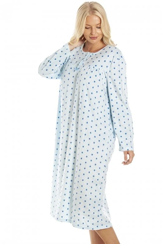 Camille Classic Long Sleeve Blue Polka Dot Soft Fleece Nightdress 4 Camille Classic Long Sleeve Blue Polka Dot Soft Fleece Nightdress - Image 2