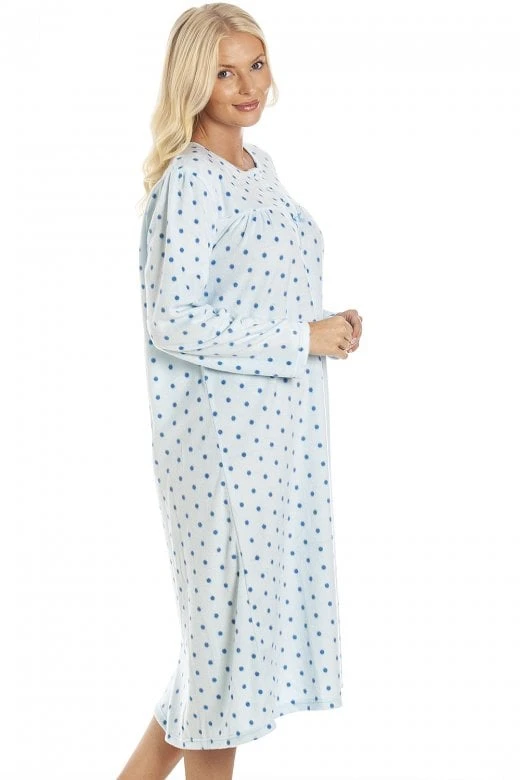 Camille Classic Long Sleeve Blue Polka Dot Soft Fleece Nightdress 6 Camille Classic Long Sleeve Blue Polka Dot Soft Fleece Nightdress - Image 4