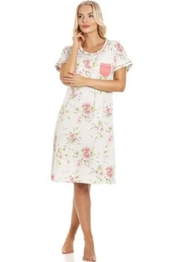 Camille Classic Short Sleeved Pink & Grey Floral Nightdress