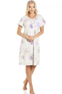 Camille Classic Short Sleeved Purple & Grey Floral Nightdress