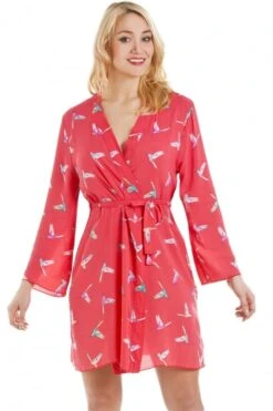 Camille Coral Humming Bird Print Wrap And Chemise Set