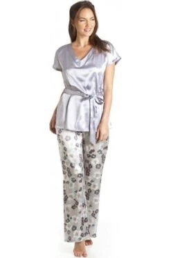 Camille Grey Floral Print Satin Pyjama Set