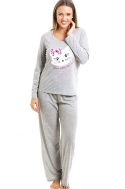 Camille Grey Full Length Cat Motif Pyjama Set
