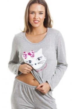 Camille Grey Full Length Cat Motif Pyjama Set -Camille Sales Store camille grey full length cat motif pyjama set p3052 19746 medium