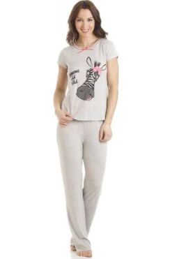Camille Grey Short Sleeve Zebra Motif Full Length Pyjama