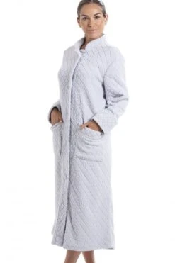 Camille Light Grey Soft Fleece Floral Button Up Housecoat