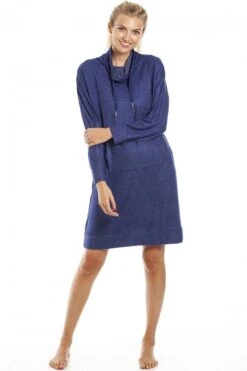 Camille Long Sleeve Cowl Neck Lightweight Knitted Navy Blue Hacci Nightdress