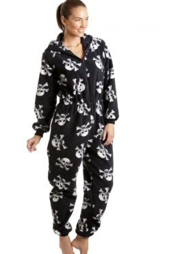 Camille Luxury All In One Black And White Skull Print Hooded Fleece Onesie