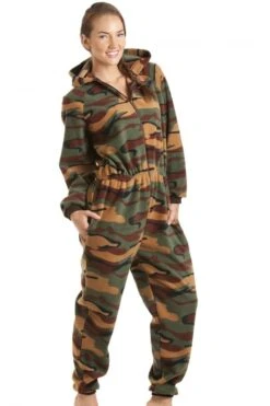 Camille Luxury All In One Green Camouflage Print Hooded Fleece Onesie