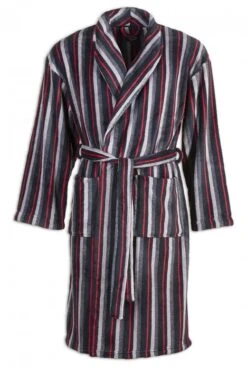 Camille Mens Black Grey & Red Striped Supersoft Shawl Collar Bathrobe