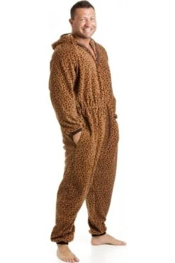 Camille Mens Luxury Caramel Brown Leopard Print Hooded Onesie