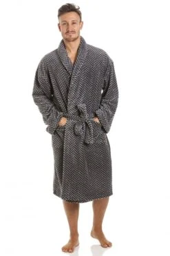 Camille Mens Supersoft Grey & Navy Zigzag Shawl Collar Bathrobe