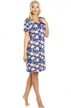 Camille Pink Floral Print Navy Blue Cotton Nightdress