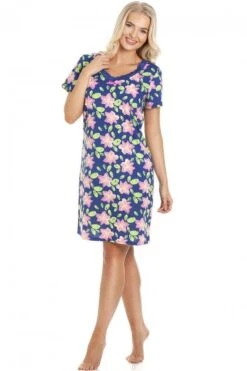 Camille Pink Floral Print Navy Blue Cotton Nightdress -Camille Sales Store camille pink floral print navy blue cotton nightdress p3601 41907 medium