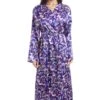Camille Purple With Pink & Silver Floral Print Luxury Satin Dressing Gown