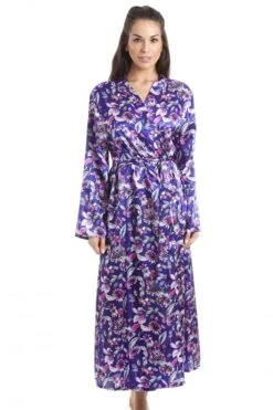 Camille Purple With Pink & Silver Floral Print Luxury Satin Dressing Gown