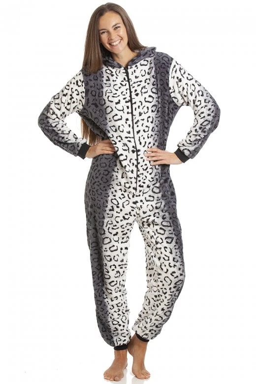 Camille Supersoft Luxury Fleece Grey Snow Leopard Onesie 3 Camille Supersoft Luxury Fleece Grey Snow Leopard Onesie