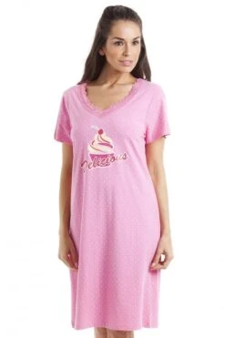 Camille White Polka Dot Delicious Cupcake Motif Pink Cotton Nightdress