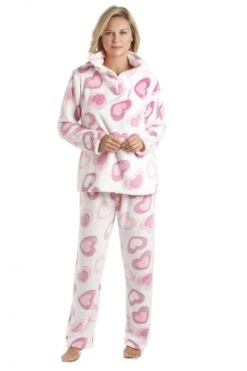 Camille White Supersoft Fleece Pink Heart Print Pyjama Set