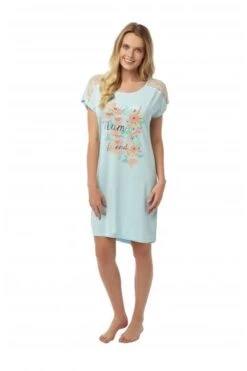 Camille Womens Aqua Blue Nightdress With Floral Print & Quote