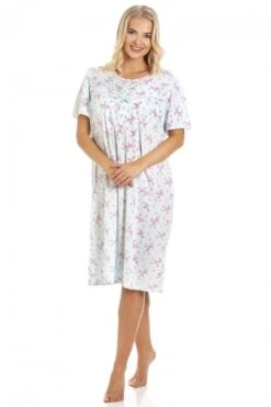 Camille Womens Aqua Blue PolyCotton Short Sleeve Floral Nightdresses