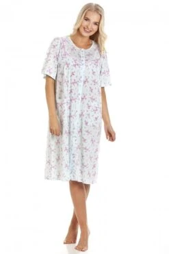 Camille Womens Aqua Short Sleeve Button Up Floral Nightdress
