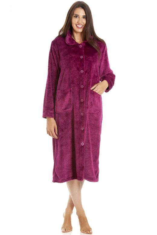 Camille Womens Burgundy Rose Embossed Button Up Housecoat 3 Camille Womens Burgundy Rose Embossed Button Up Housecoat