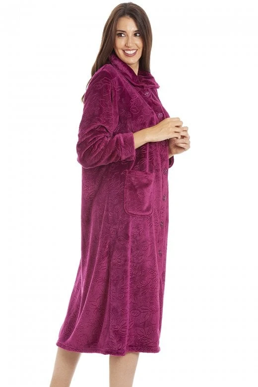 Camille Womens Burgundy Rose Embossed Button Up Housecoat 4 Camille Womens Burgundy Rose Embossed Button Up Housecoat - Image 2