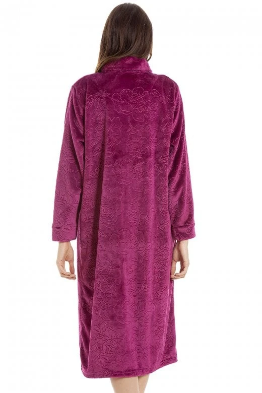 Camille Womens Burgundy Rose Embossed Button Up Housecoat 5 Camille Womens Burgundy Rose Embossed Button Up Housecoat - Image 3