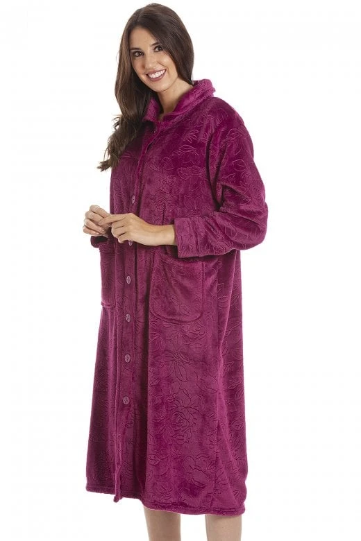 Camille Womens Burgundy Rose Embossed Button Up Housecoat 6 Camille Womens Burgundy Rose Embossed Button Up Housecoat - Image 4