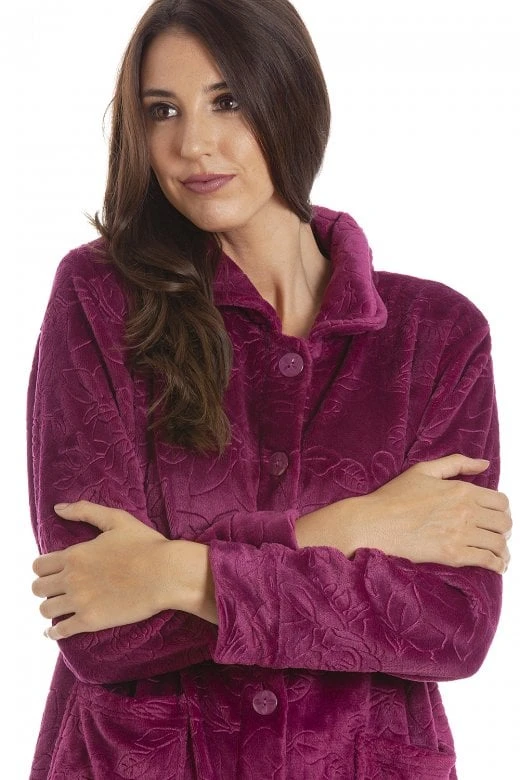 Camille Womens Burgundy Rose Embossed Button Up Housecoat 7 Camille Womens Burgundy Rose Embossed Button Up Housecoat - Image 5
