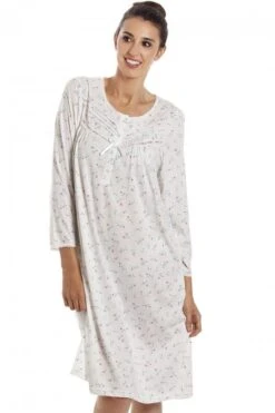 Camille Womens Classic Jersey Long Sleeve Ivory Floral Nightdress