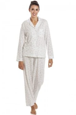 Camille Womens Classic Jersey Long Sleeve Ivory Pyjama Set