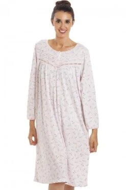 Camille Womens Classic Jersey Long Sleeve Pink Floral Nightdress