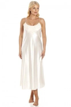 Camille Womens Cream Long Thin Strap Satin Chemise