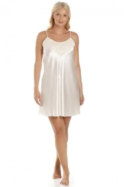 Camille Womens Cream Short Thin Strap Satin Chemise