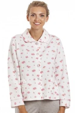 Camille Womens Floral Print Ivory Mock Quilt Bed Jacket