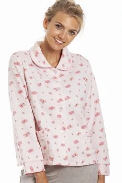 Camille Womens Floral Print Pink Mock Quilt Bed Jacket