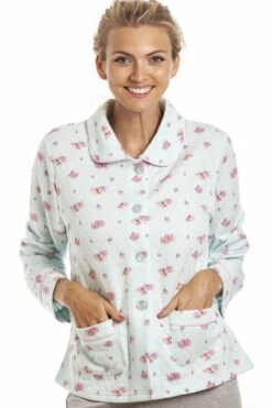 Camille Womens Floral Print Turquoise Mock Quilt Bed Jacket